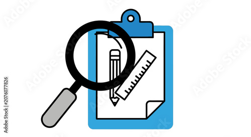 Clipboard with Magnifying Glass and Pencil.