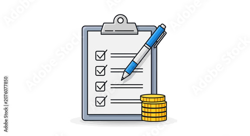Clipboard with pen and gold coins.