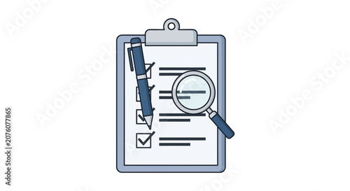 Clipboard with Pen and Magnifying Glass.