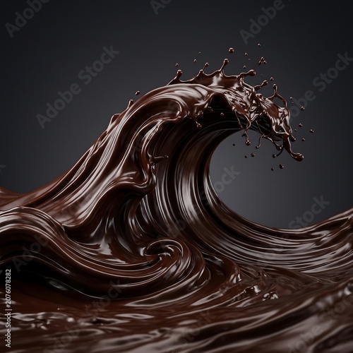 A powerful wave of rich dark chocolate with splashes and ripples on dark gray background.