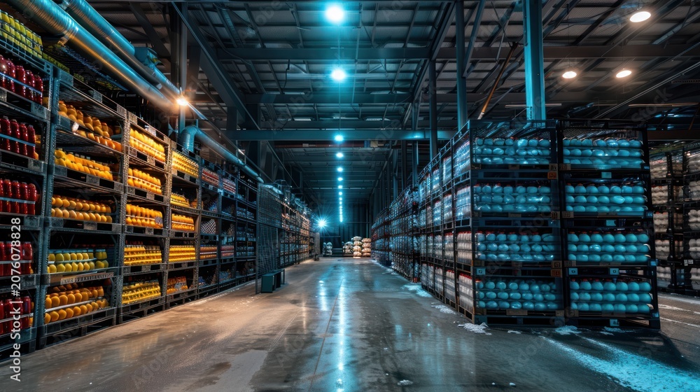 Fototapeta premium A large warehouse with shelves stacked high with bottles.