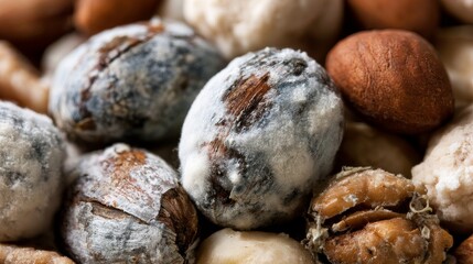 Close view of nuts and seeds showing signs of mold and decay in a kitchen setting in the afternoon