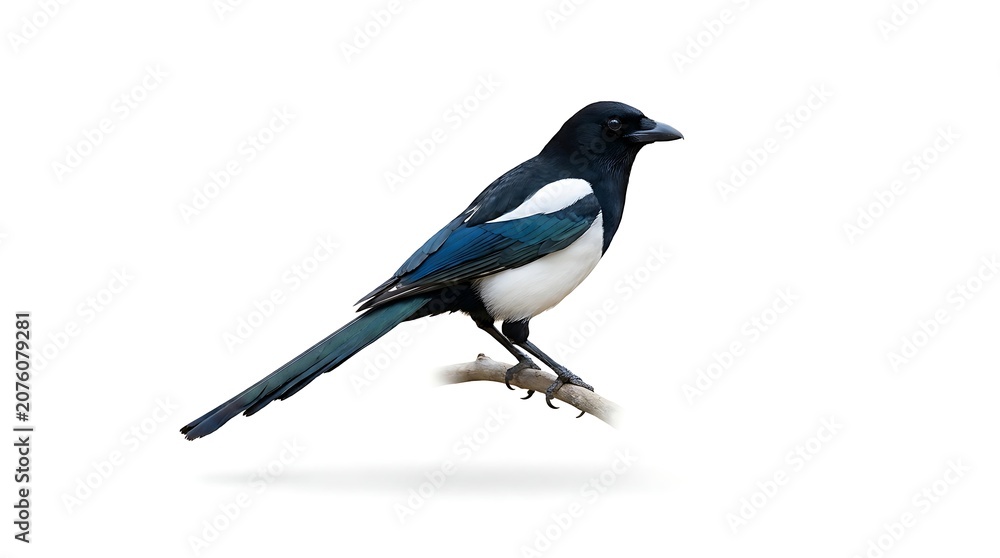 Fototapeta premium Black billed magpie perched on branch isolated on white background