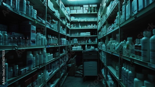 A dimly lit storage room filled with rows of shelves stocked with various bottles and containers.