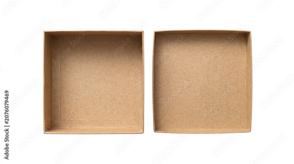 Fototapeta premium Brown cardboard box with open lid, empty square craft paper gift box, eco-friendly recycled packaging mockup for retail and shipping isolated PNG with Transparent Background