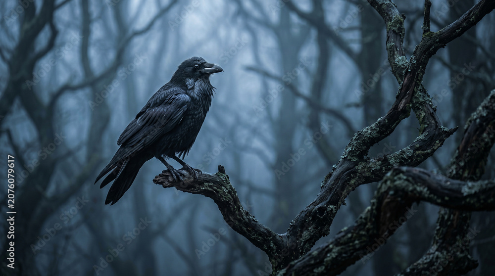 Fototapeta premium Solitary black crow perched upon dark withered tree branch in mysterious foggy forest setting with moody atmospheric mist.