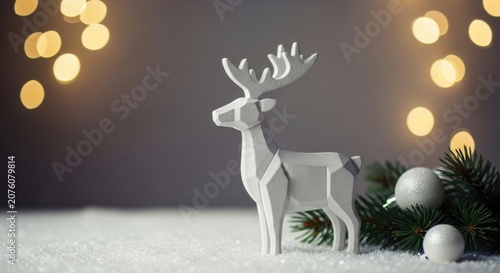 White geometric reindeer decoration with christmas tree branches and lights