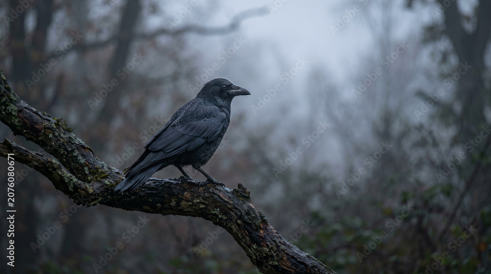 Fototapeta premium Black raven perched on gnarled tree branch in foggy, mysterious forest during cloudy autumn day, atmospheric scene.