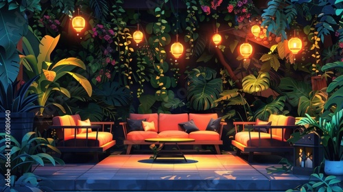 A cozy patio setting with a sofa and chairs, surrounded by lush greenery and illuminated by string lights.