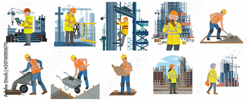 Flat vector illustration set of diverse construction workers, engineers, and site supervisors in safety gear performing various tasks at a building project site