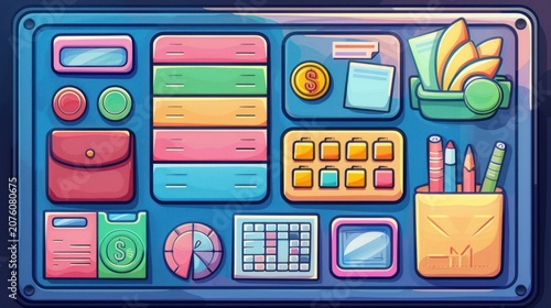Colorful and vibrant cartoon illustration of a desk organizer with various office supplies, such as a calculator, notepad, pencil holder, and more.