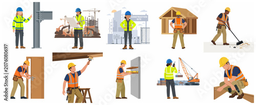 Construction workers and engineers character set, diverse builders in safety gear performing various tasks at building site, flat vector illustration