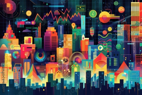 A colorful cityscape filled with icons and symbols representing technology, data, and innovation.