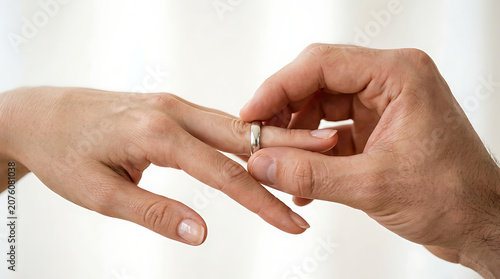Close-up of a man placing a wedding ring on a woman's finger, symbolizing commitment and union