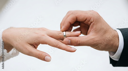 Close up view of a groom putting a classic wedding band on the finger of his beautiful bride during a romantic outdoor ceremony