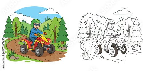 Bild auf Leinwand Coloring Page for Kids with a Child Riding an ATV Quad Bike in a Forest Landscap