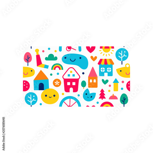 Colorful cartoon houses and shapes pattern on transparent background