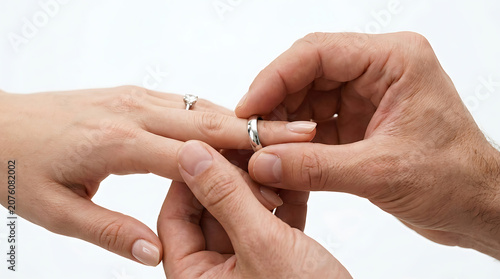 Close-up of groom putting a silver wedding ring on the bride's finger against a white background, symbol of marriage and love commitment