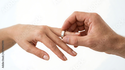 Close up of a man putting a gold wedding ring on a woman's finger during a marriage ceremony on a white background