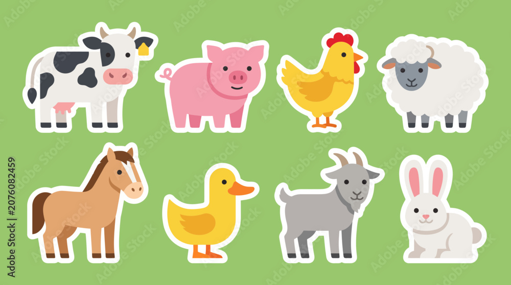Fototapeta premium Colorful vector illustration collection featuring eight cute farm animals designed as flat stickers for children education and creative graphic projects