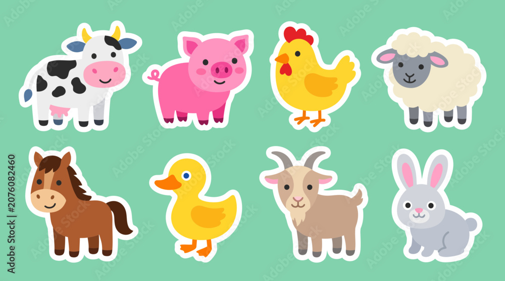 Obraz premium Colorful vector illustration featuring a collection of cute farm animal stickers including a cow pig chicken sheep horse duck goat rabbit