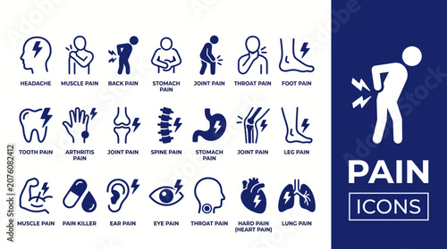 Quadro su tela Body pain icon set for backache, headache, injury, muscle, teeth, ear,  and physical therapy symbols