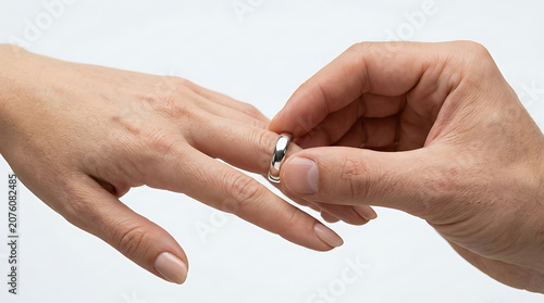 A poignant moment captured as a man gently slides a shimmering ring onto a woman's finger, signifying a bond of love and a shared future