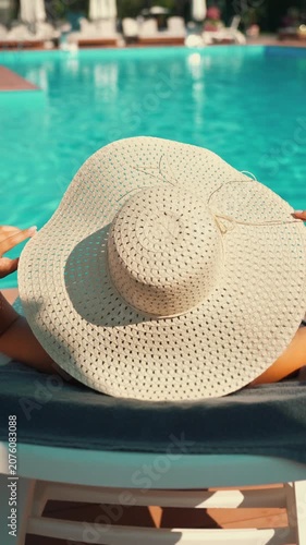 Young woman in wide straw hat relaxing on sunbed by swimming pool. Female enjoying summer vacation at luxury resort on sunny day in sun
