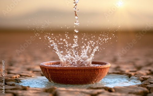 Close-up of Water Splash in Clay Bowl on Pebbled Surface in Nature