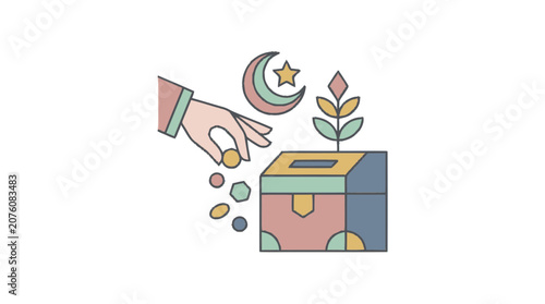 Hand putting coins into a donation box with a plant growing out of it under a crescent moon.