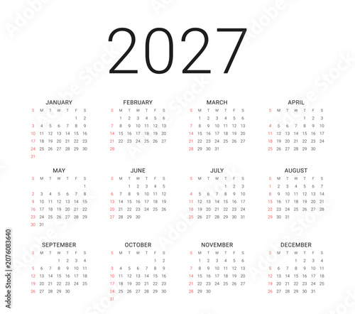 2026 Yearly Calendar Template Sunday Start, Clean Minimal Design suitable for printing, planning, scheduling, or digital use. Vector illustration