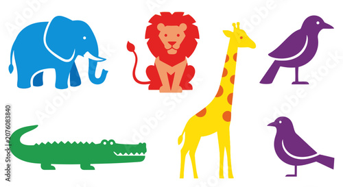 Colorful cartoon wild animal icons.