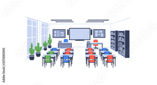 Colorful chairs and desks in classroom.