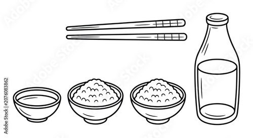 Tableau sur toile A black and white line featuring two bowls of rice, a small dipping bowl, a glas
