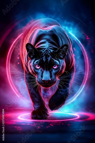 A black panther with pink and blue lights in the background