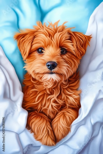 A small brown dog laying on top of a bed covered in white sheets