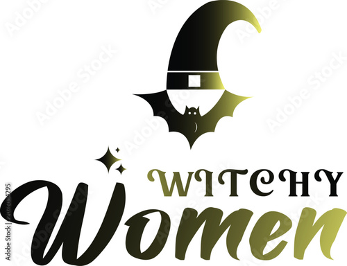 Canvastavla Witch Woman Logo with Bat and Witch Hat Halloween Vector Design