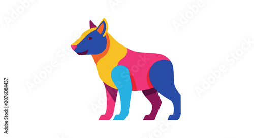 Colorful dog standing in profile view.