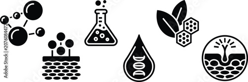  Scientific skincare and cosmetic formulation icons showing molecular structure, laboratory flask, DNA droplet, natural leaves, and skin hydration for beauty product design