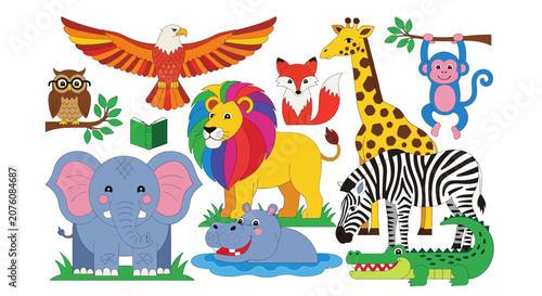 Colorful cartoon jungle animal friends group.