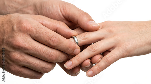 Close-up of a person's hands placing a wedding ring on another person's finger, symbolizing commitment and marriage