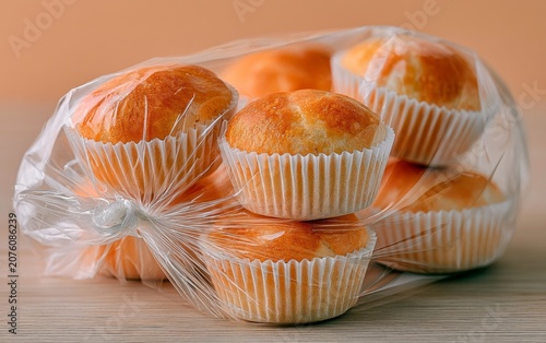 Freshly Baked Muffins in Clear Plastic Wrap on Wooden Surface