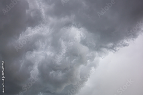 Powerful Rotating Storm Cloud Formation in the Sky. Impressive rotating storm cloud formation with dramatic textures and deep gray tones. Perfect as a background illustrating severe weather, climate