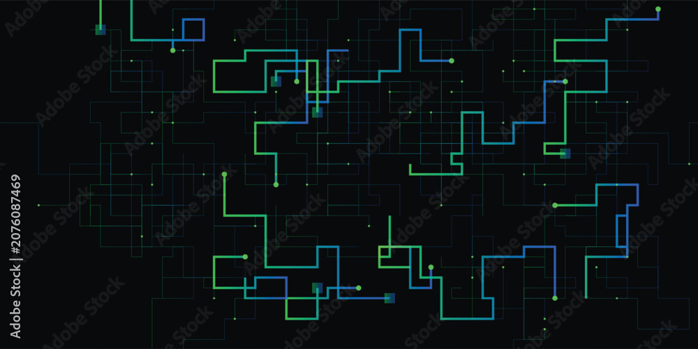 Fototapeta premium Abstract digital network background with glowing blue and green lines representing data flow and technology concepts