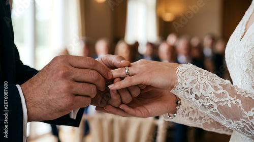 Romantic Close-up of Bride and Groom Exchanging Wedding Rings During Marriage Ceremony