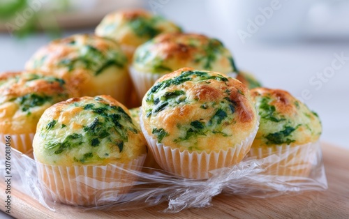 Freshly Baked Spinach and Cheese Muffins on Wooden Surface