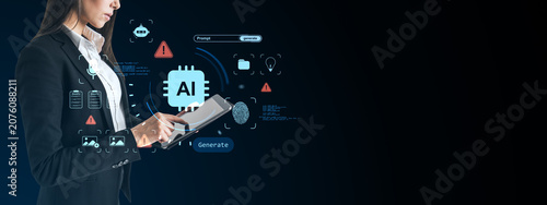 Businesswoman using digital tablet with artificial intelligence interface ico...