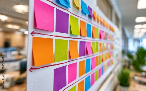 Colorful Sticky Notes and Paper Flags on Executive Whiteboard in Office