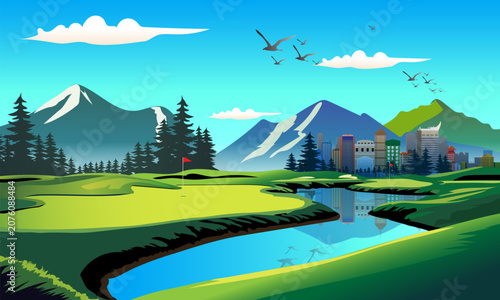 Mountain Golf Course with City Reflections