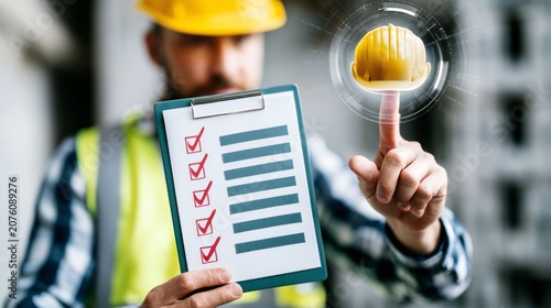 Construction Worker Using Digital Interface with Helmet and Checklist